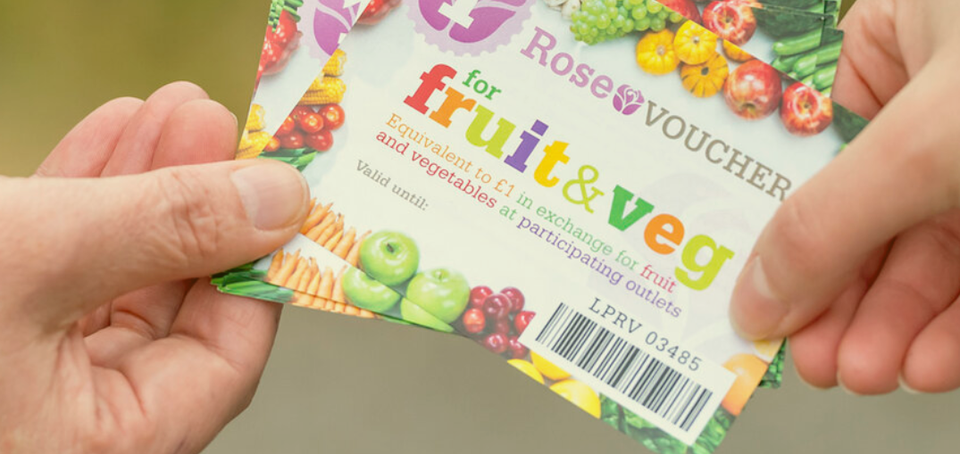 Two hands are holding fruit & veg vouchers