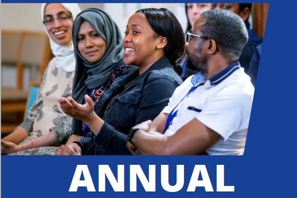 Annual report front cover with image of woman speaking and people listening