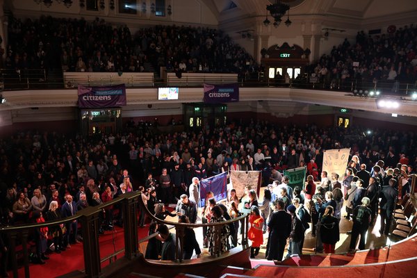 A birds eye view of the large crowd gathered in the Methodist Central Hall in Westminster for the London Mayoral Citizens Assembly