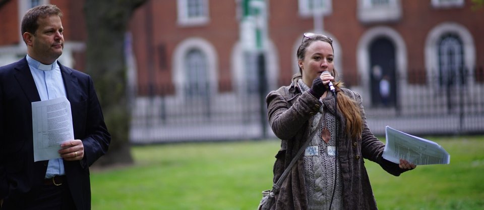 Revd Dawn Savidge, speaking at a Citizens UK housing action