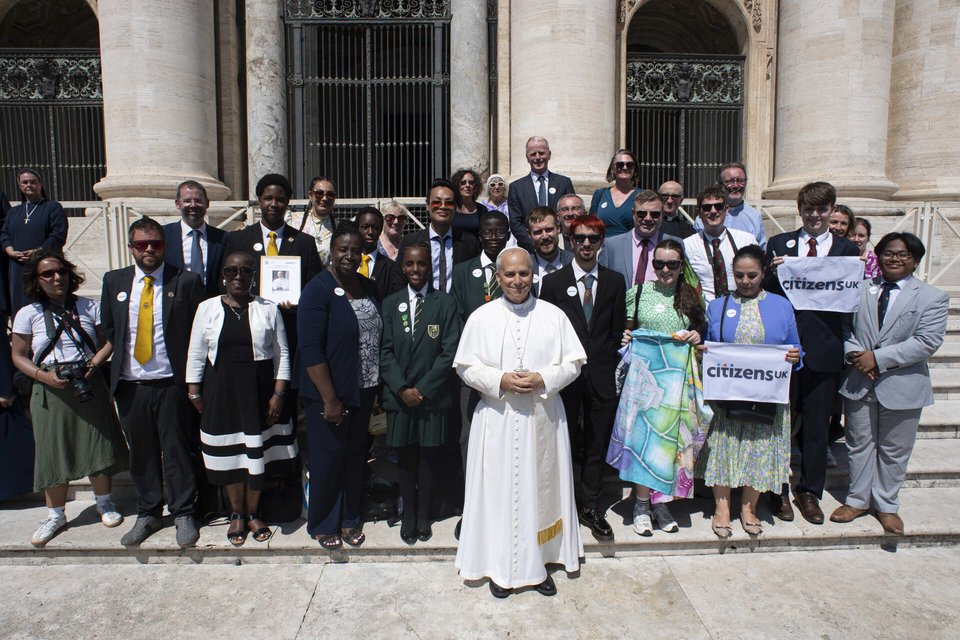 Students and staff from Catholic schools all over the UK gather together on the steps of St Peter's Basilica with Pope Leo XIV