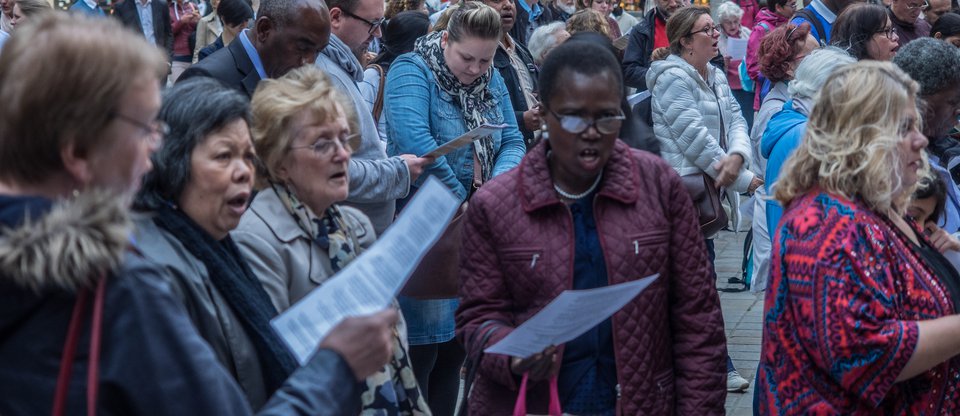 Group gathering in outdoor public action