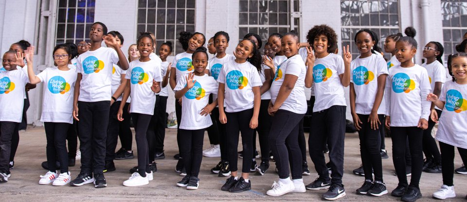 Choir, St Antony’s Catholic School, Newham, member of Newham Citizens, photo taken at Living Wage Week, London event, November 2021