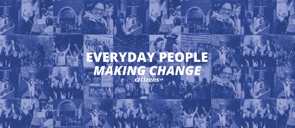 Name of Citizens UK podcast 'Everyday People Making Change', overlaid on images of leaders taking action, featured in podcast