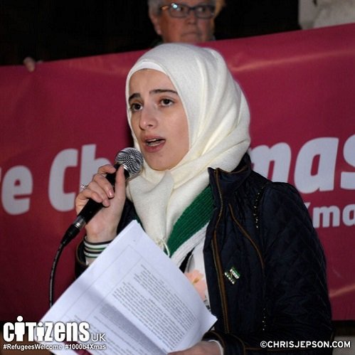 Razan public speaking at Refugees Welcome event