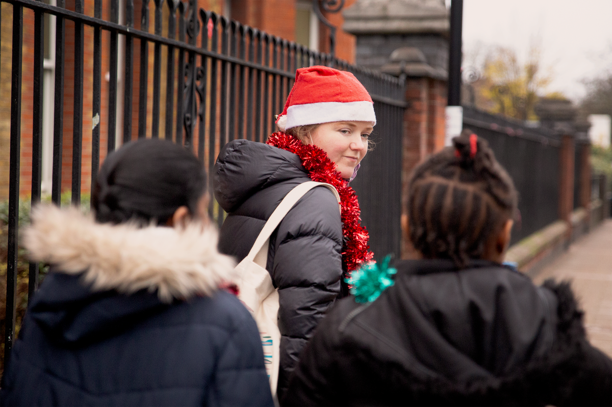 St Mary's students handing in Christmas cards to Lewisham hospital