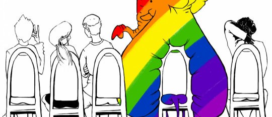 Logo showing a rainbow elephant in a church pew, symbolising LGBT+ issues as the elephant in the room