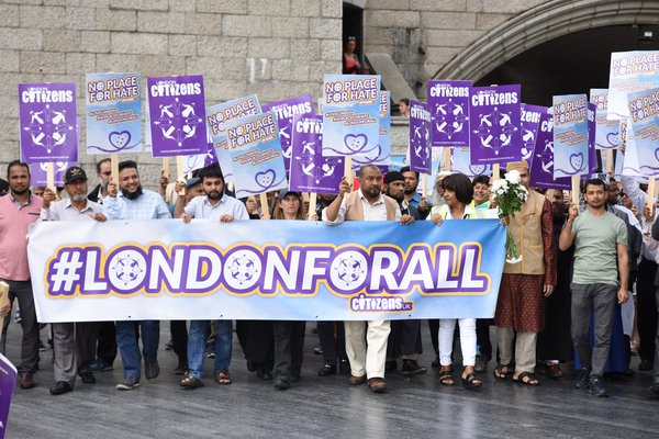 Public protest with banners at London Bridge for Refugees Welcome