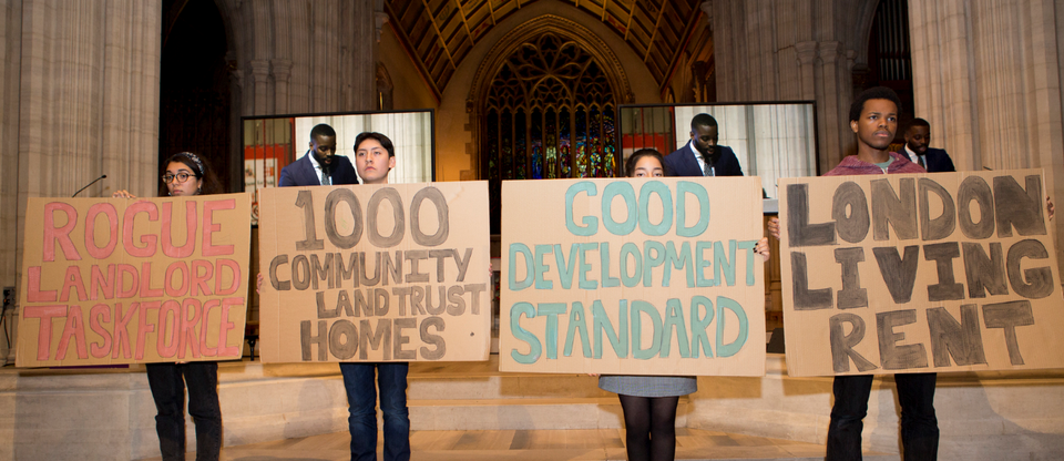 Citizens UK leaders, affordable housing action, holding signs reading "Rogue Landlord Taskforce, 1000 Community Land trust Homes, Good development standard, London living rent"