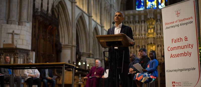 Sadiq Khan giving speech at Faith and Community Assembly in Diocese of Southwark