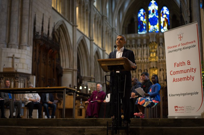 Sadiq Khan giving speech at Faith and Community Assembly in Diocese of Southwark
